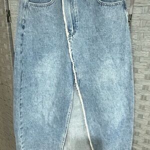 NWOT Micas Asymmetrical Denim Midi Skirt with Frayed Hem